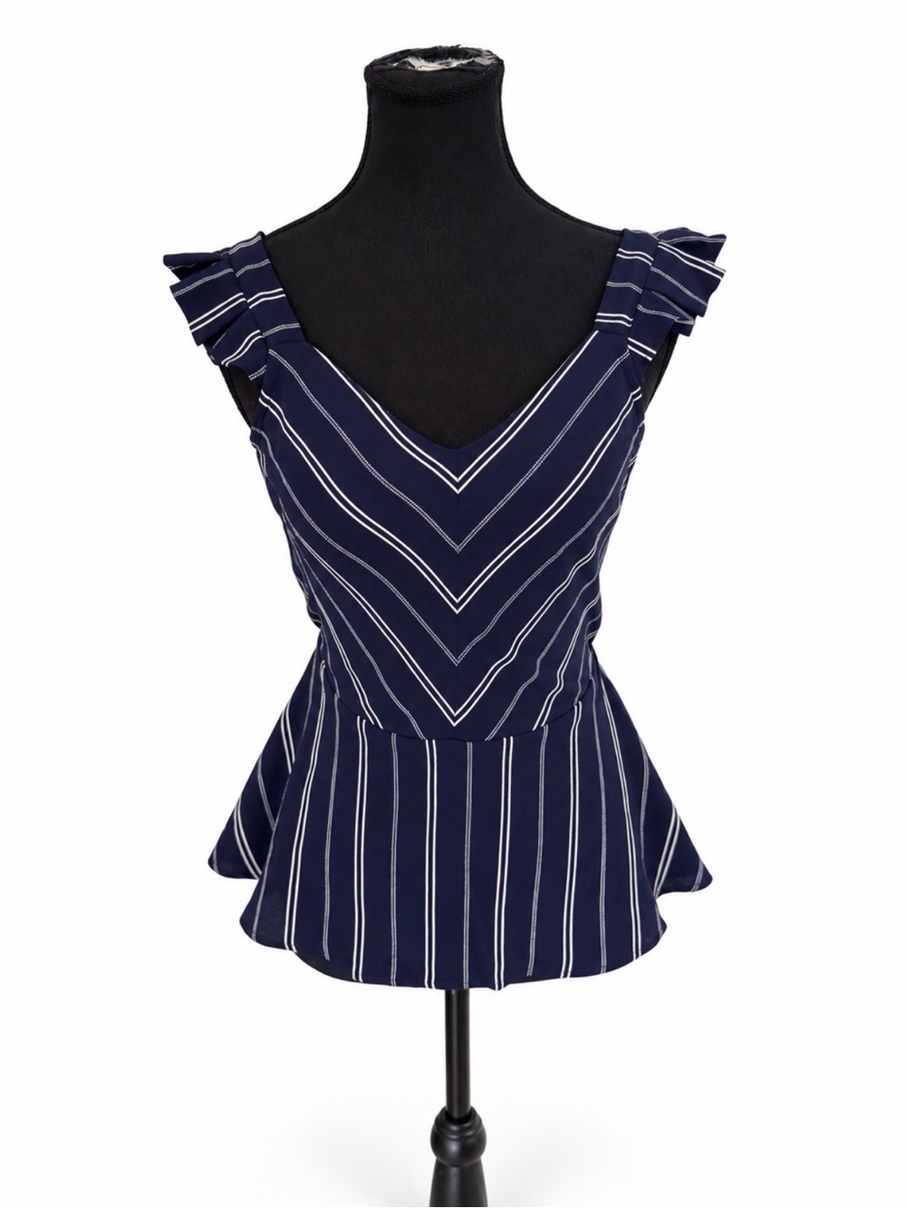 Monteau Navy White Striped Peplum Blouse Size S